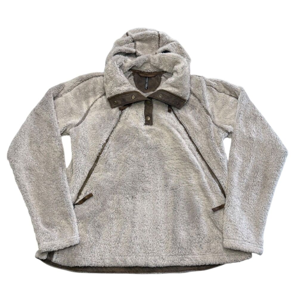 Kuhl Flight Jacket Womens L Beige Sherpa Fleece Hooded Pockets Pullover Stowaway